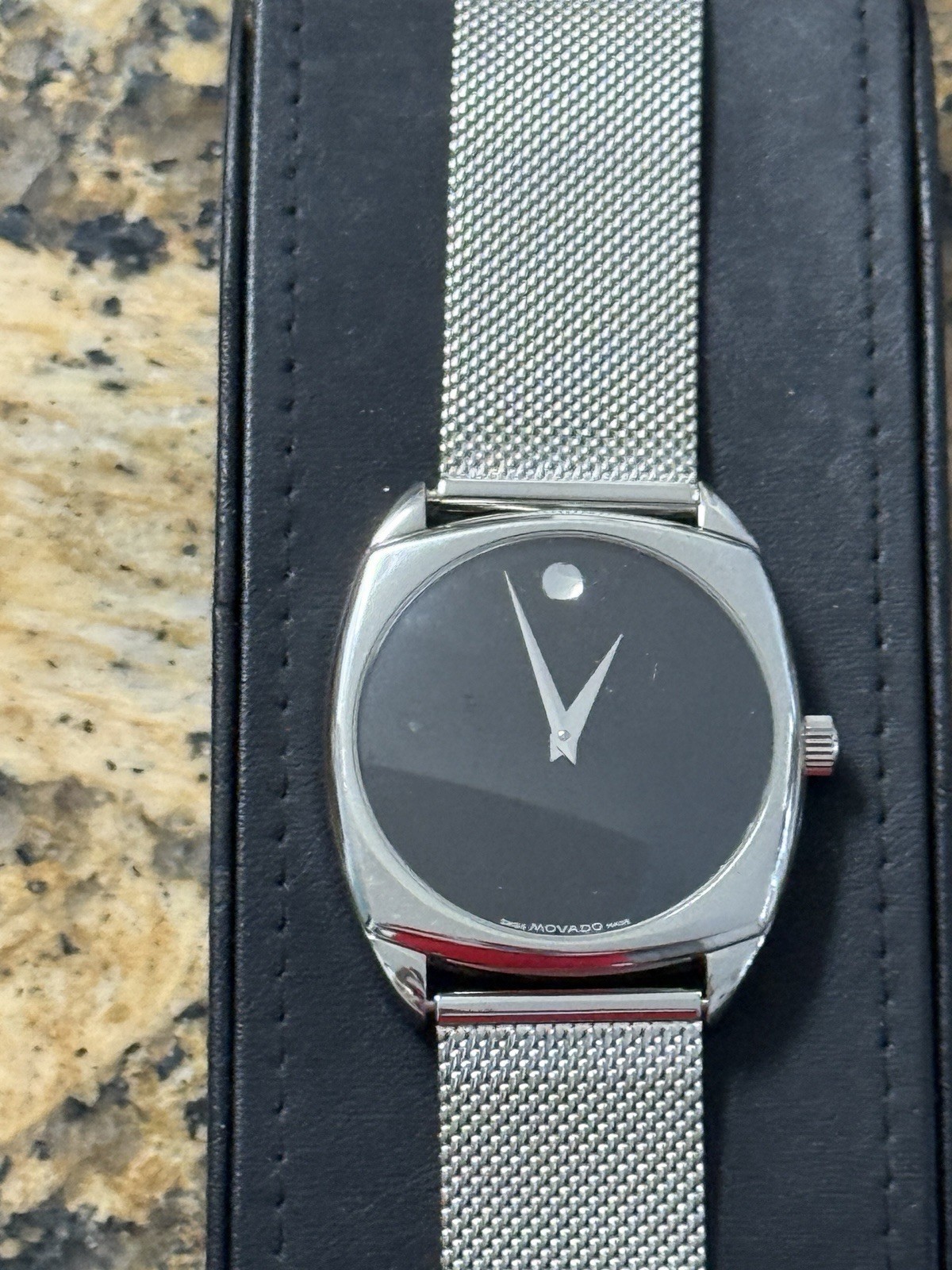 Movado Automatic Black Dial SS Cushion Case Mesh Bracelet w/Box + Leather