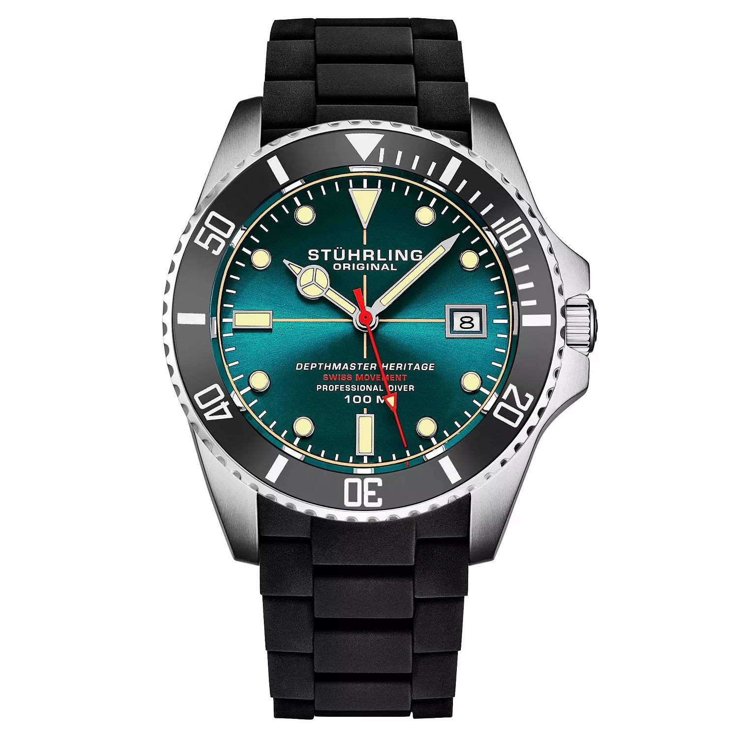 Stuhrling 4087 3 Depthmaster Teal Dial Black Silicone Strap Mens Watch