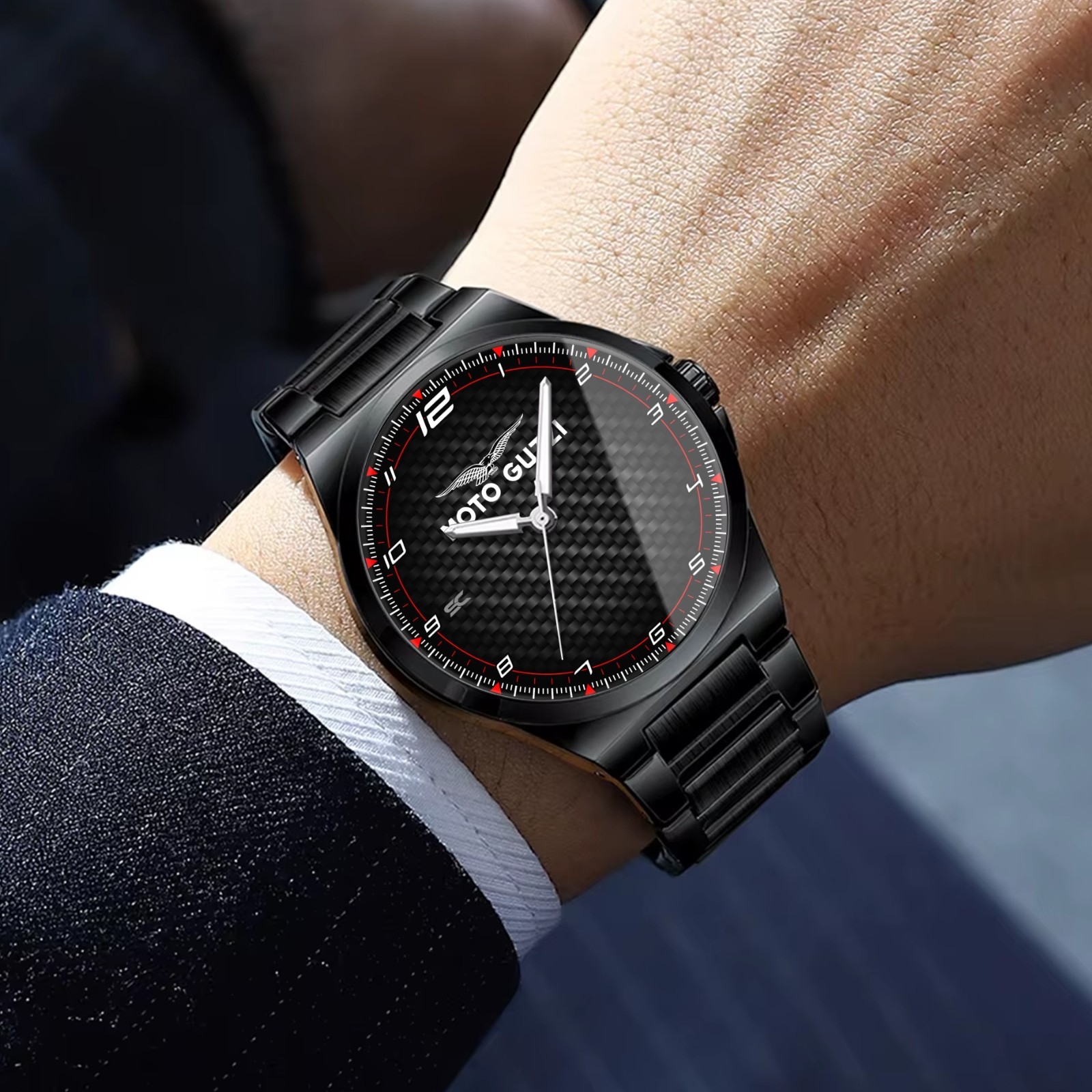 Black Steel Fan Art Moto Guzzi GT Carbon Look Sport Bikers Wrist Watch