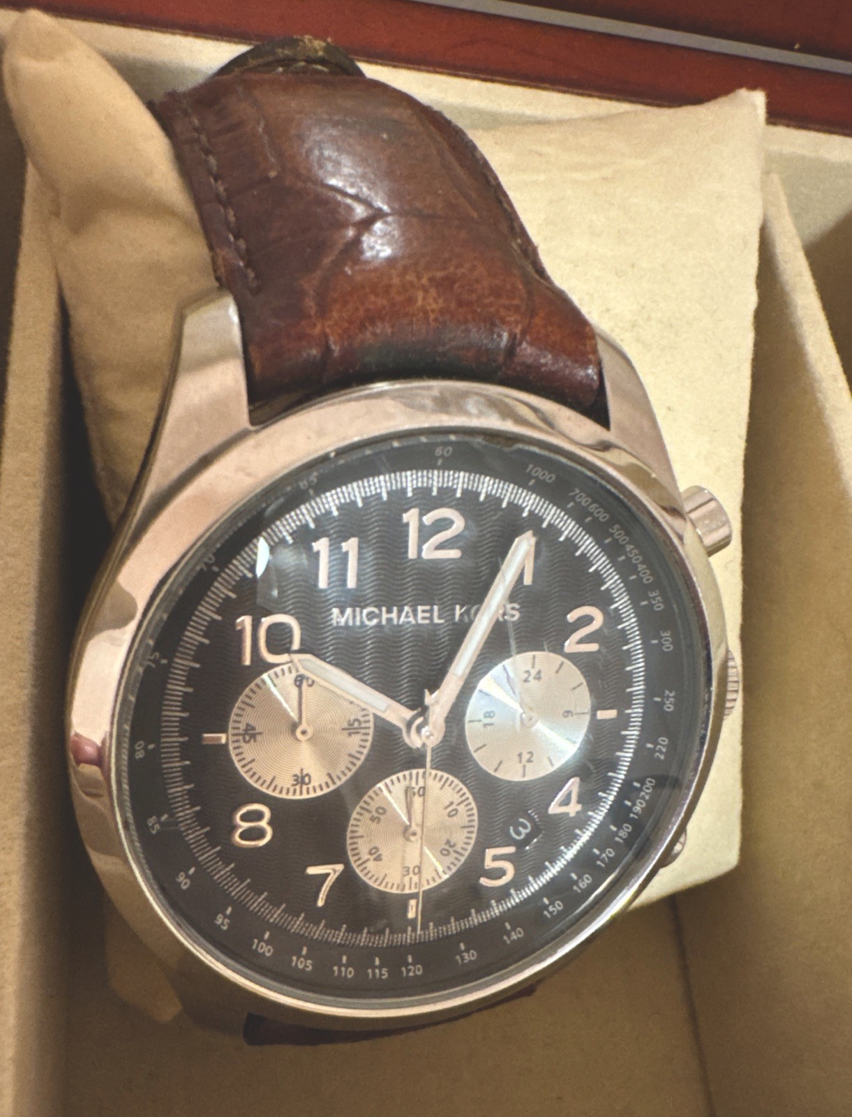 Michael Kors MK8126 Men’s Chronograph Watch Brown Leather Black Dial 45mm
