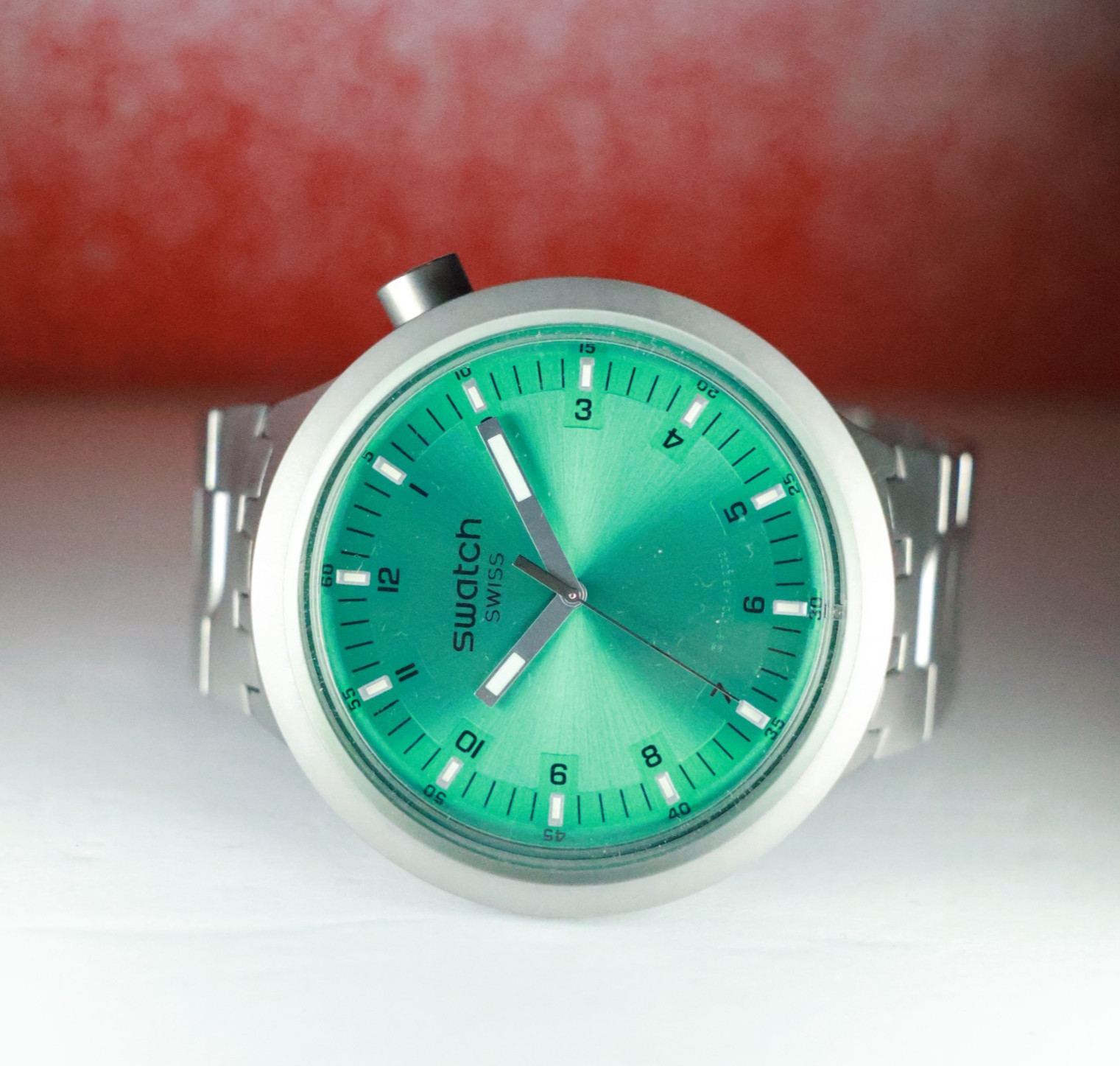 New Swiss Swatch BIG BOLD IRONY AQUA SHIMMER Stainless Steel 47mm SBO7S100G Tur