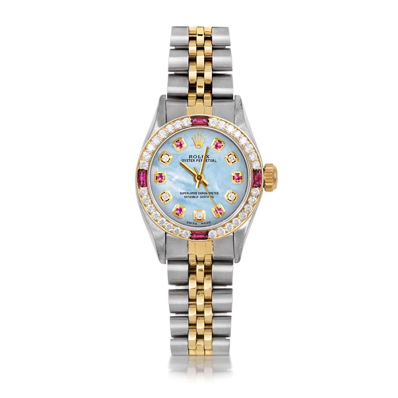 Rolex Ladies TT Oyster Perpetual Blue MOP Ruby Diamond Dial Ruby Diamond Bezel