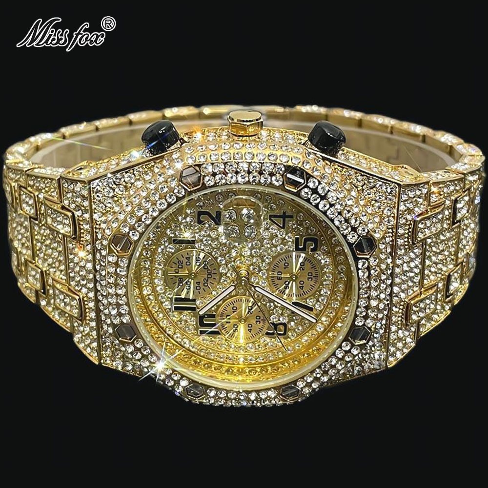 Luxury Hip Hop Custom Bling Ice out Men’s Watch Iced Gold Cz Diamond Chronograph