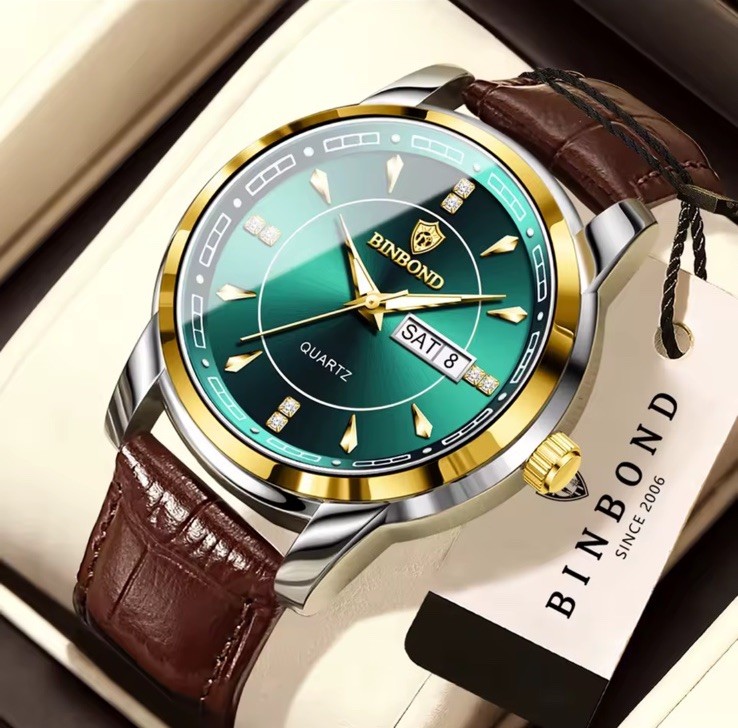 Men’s Leather Quartz Watch Waterproof Luminous Date Week Business Original