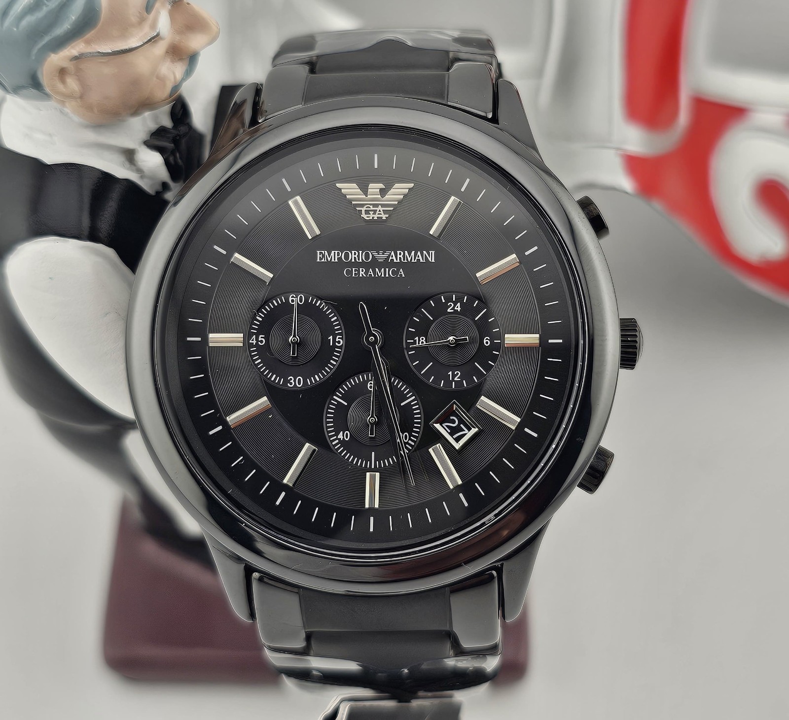 EMPORIO ARMANI MENS WATCH AR1451 BLACK CERAMIC STRAP AND BLACK DIAL AUTHENTIC UK