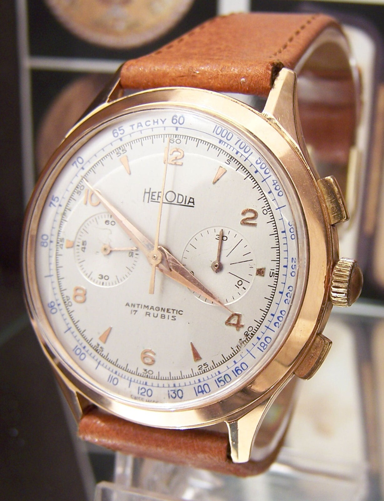 60’S SOLID 18K GOLD ANTIQUE VINTAGE 2 REG CHRONOGRAPH LEMANIA 1270 SWISS WATCH