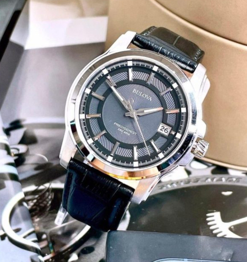 Bulova Gray Dial 96B158 Precisionist Silver Tone Black Leather Band Men’s Watch