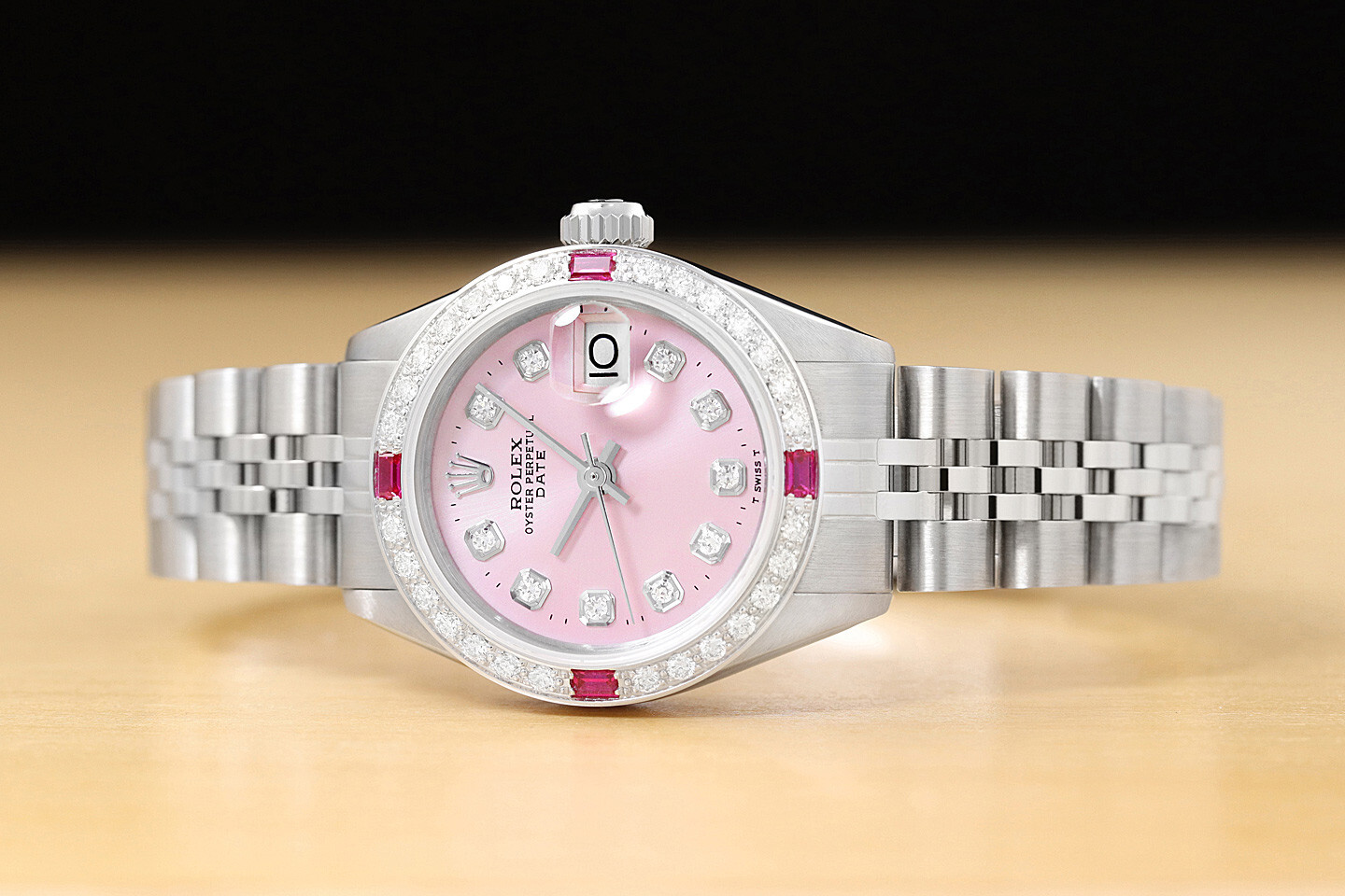 LADIES ROLEX DATEJUST 18K WHITE GOLD DIAMOND RUBY & STEEL PINK DIAL WATCH