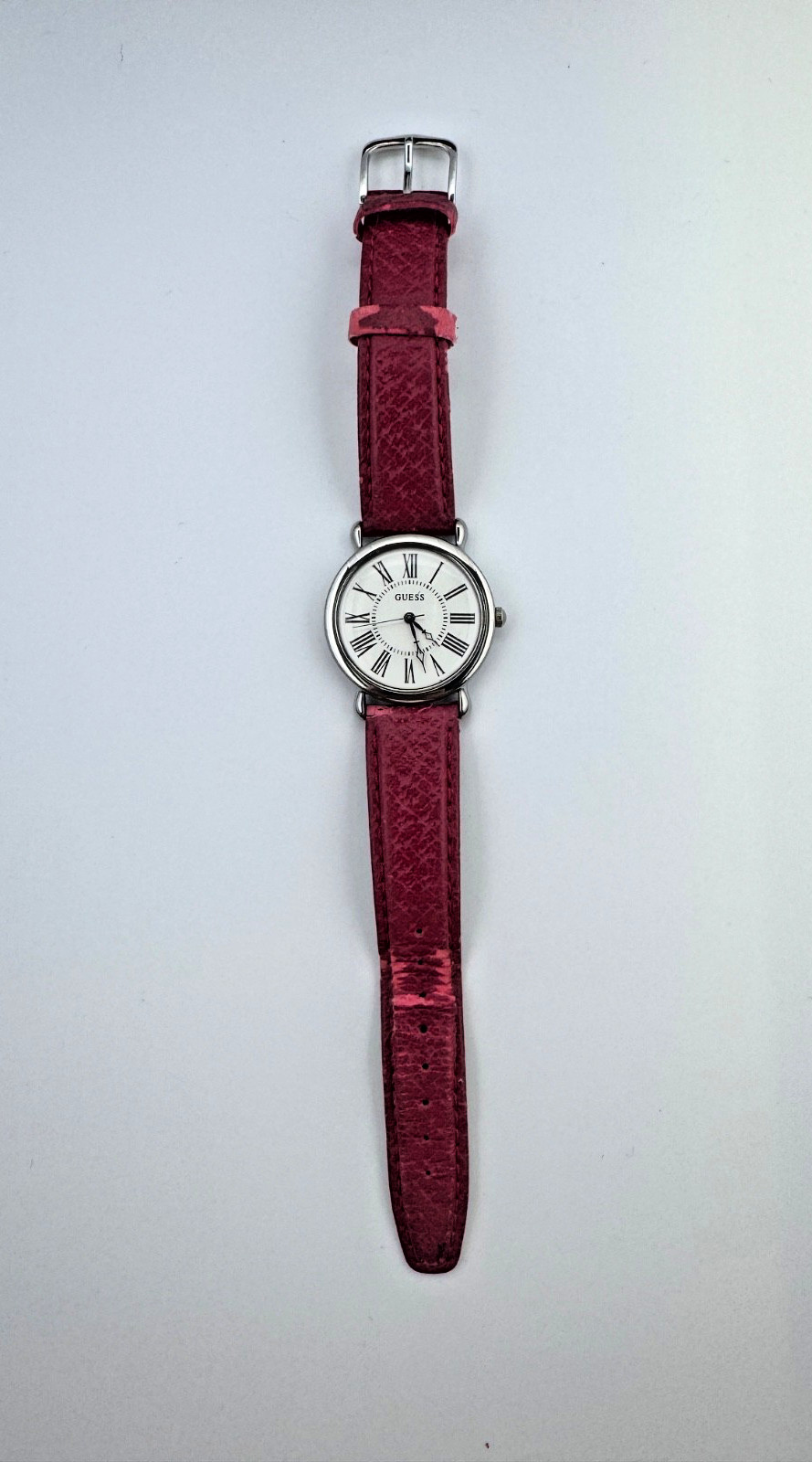 GUESS Women’s Silver Tone Analog Watch Red Leather Band Roman Numerals Quartz
