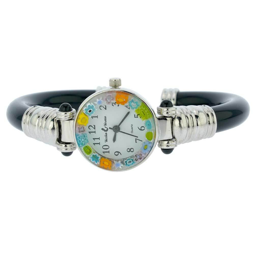 GlassOfVenice Murano Glass Millefiori Bangle Watch – Silver Black Multicolor