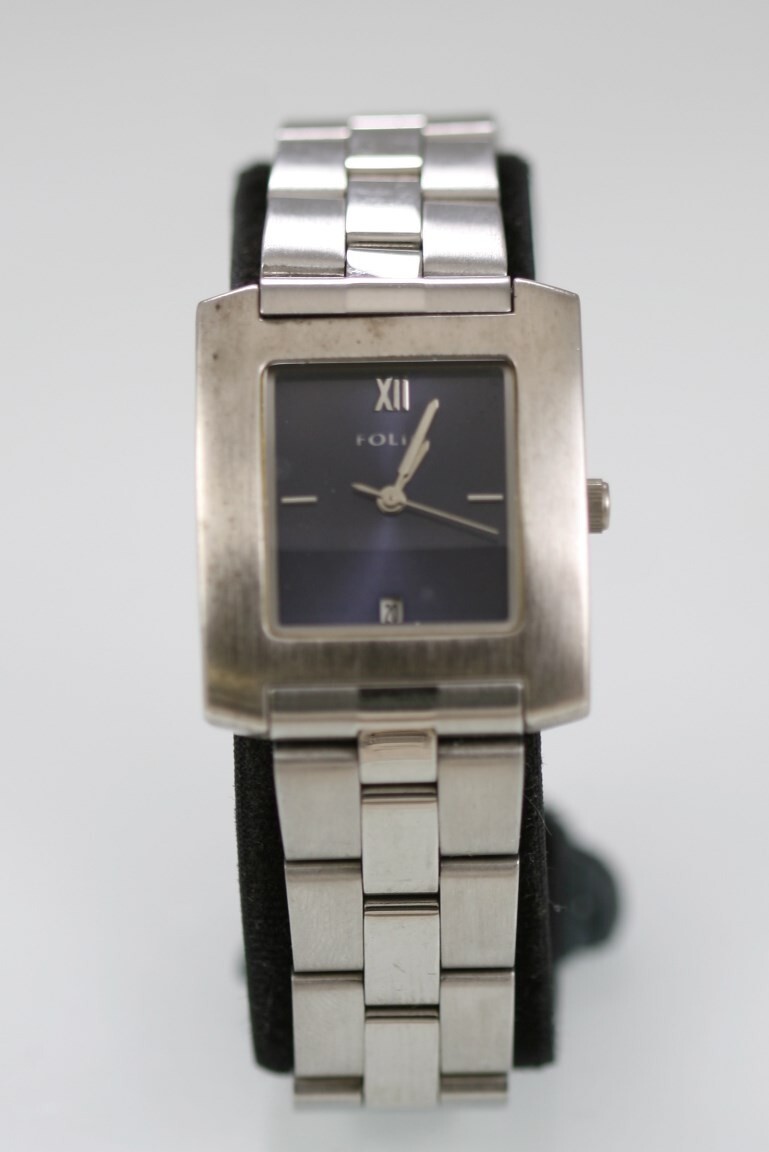 Folio Men Watch Silver Stainless Steel Water Resistant Battery Date Blue Quartz