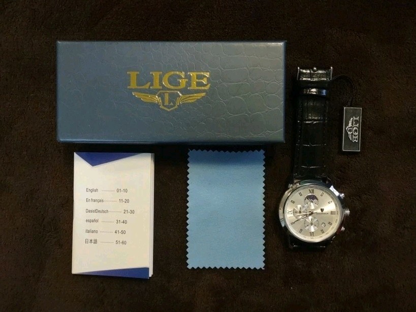 LIGE Men’s Watch Quartz Silver Chronograph Moonphase Black Leather Waterproof