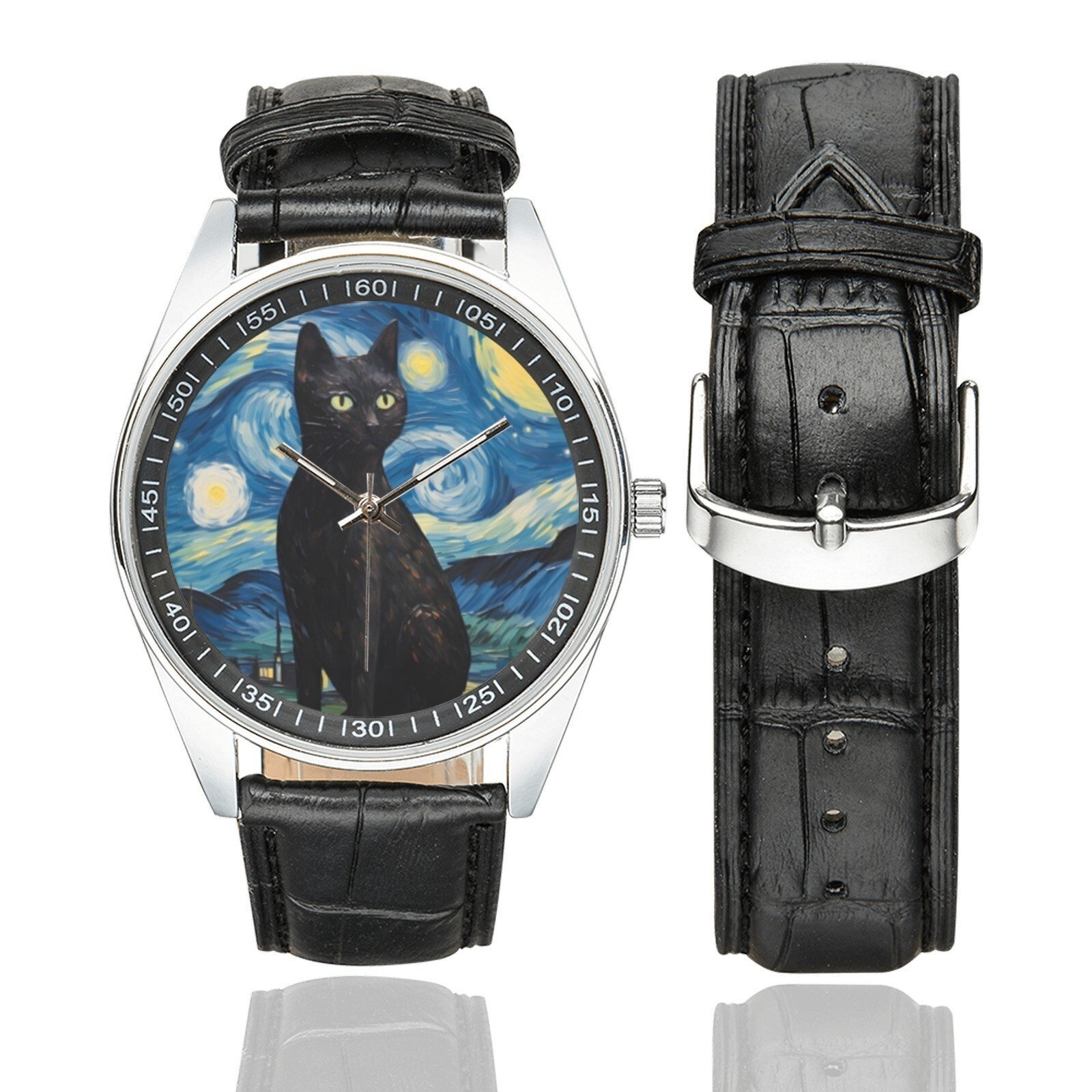 Starry Night Bombay Cat Watch with Black Leather Band For Adult