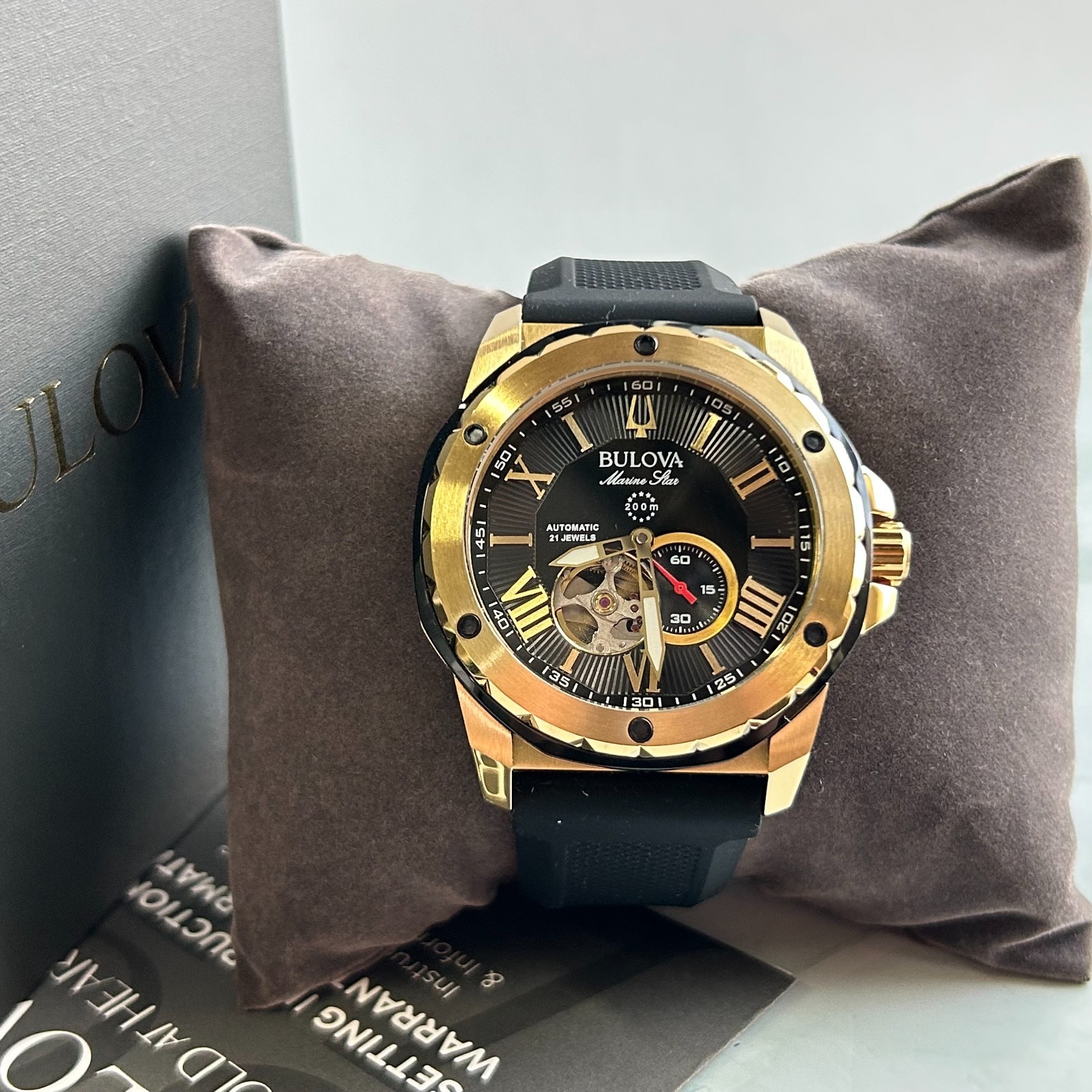 Bulova Marine Star 98A272 Black/Gold Dial Silicone Men Automatic Watch 45mm New
