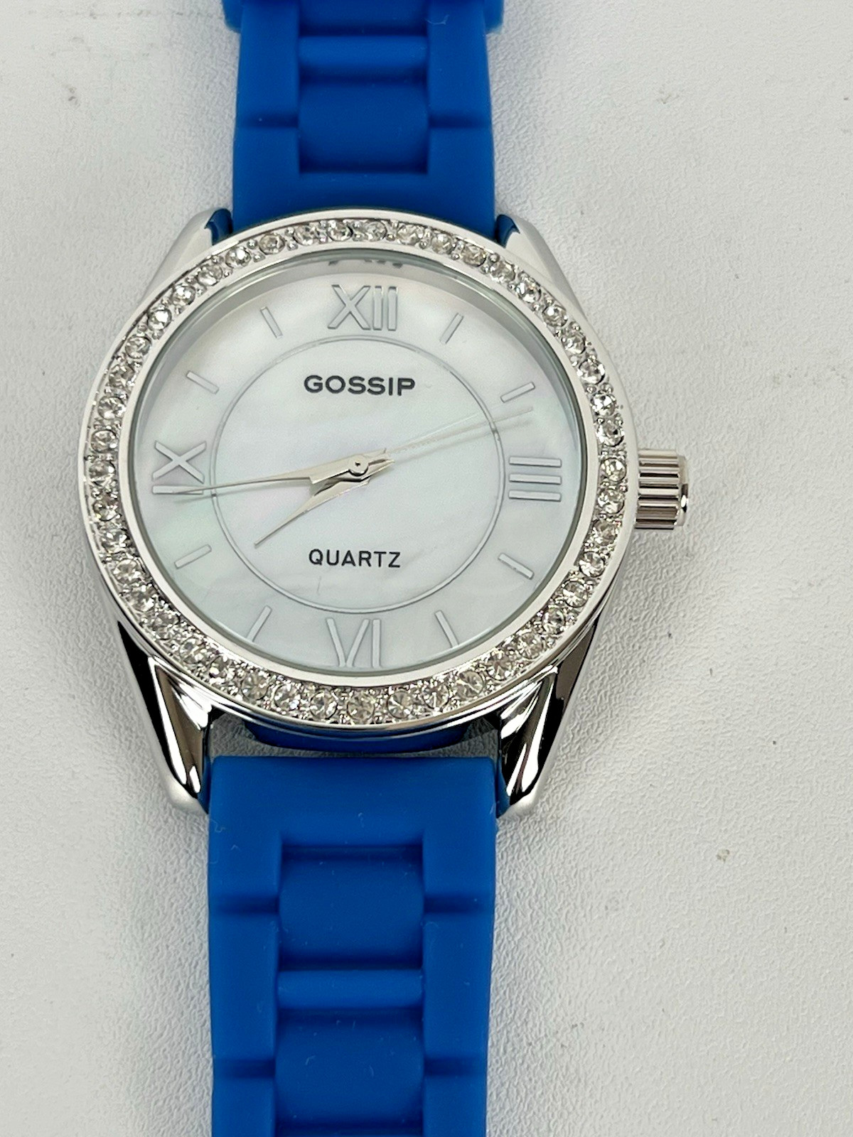 GOSSIP Blue Silicone Band Silver Tone Mother of Pearl Face w/ Crystals Quartz