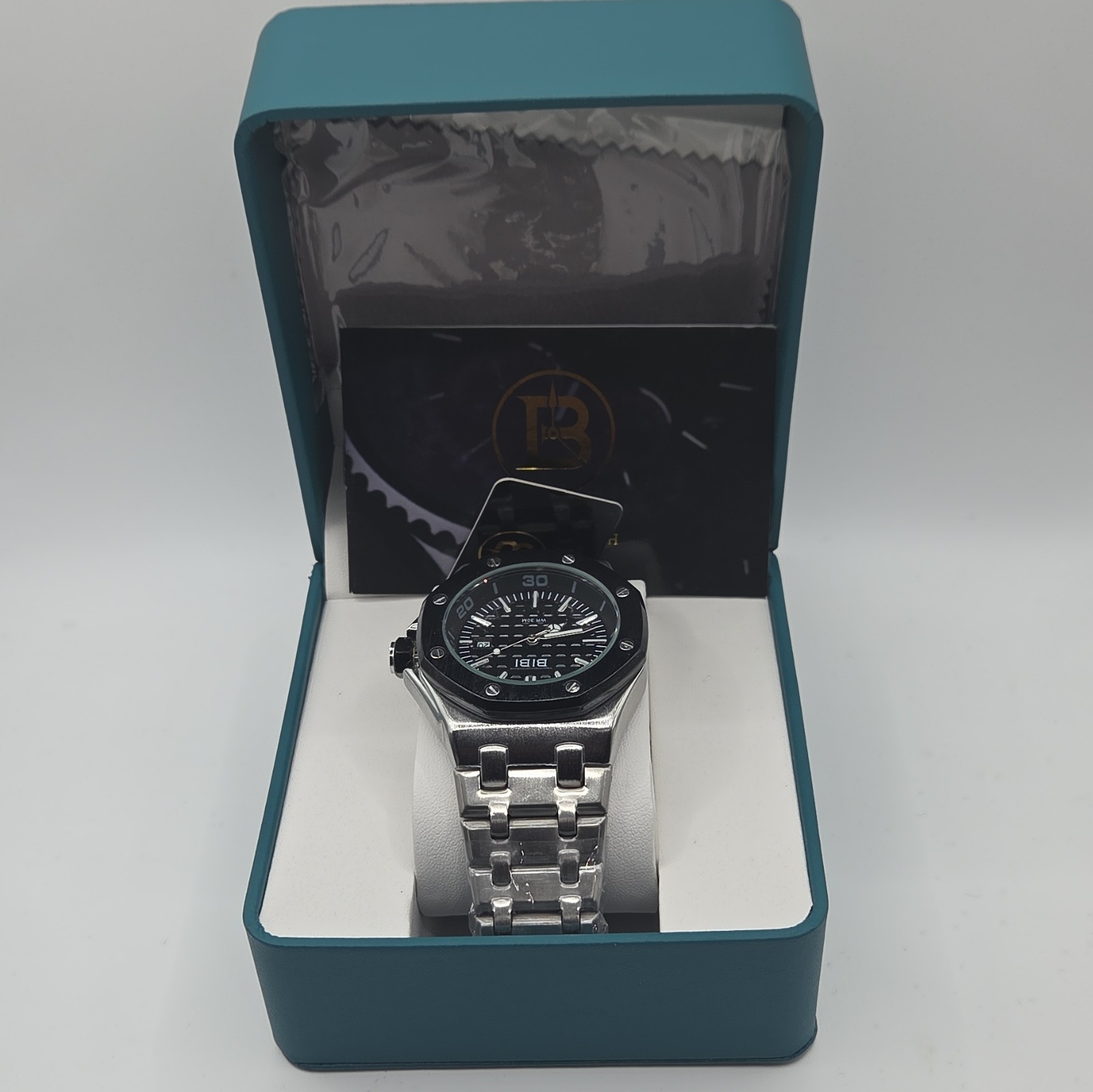 BIBI Men’s Quartz Analog Wristwatch Octagon Black Dial Date Silver SS Box