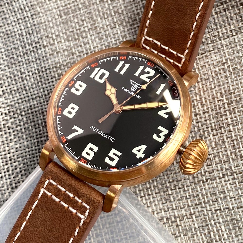 46.5mm Big Dial Watch For Men Solid Bronze Green Luminous Japan NH35A Automatic