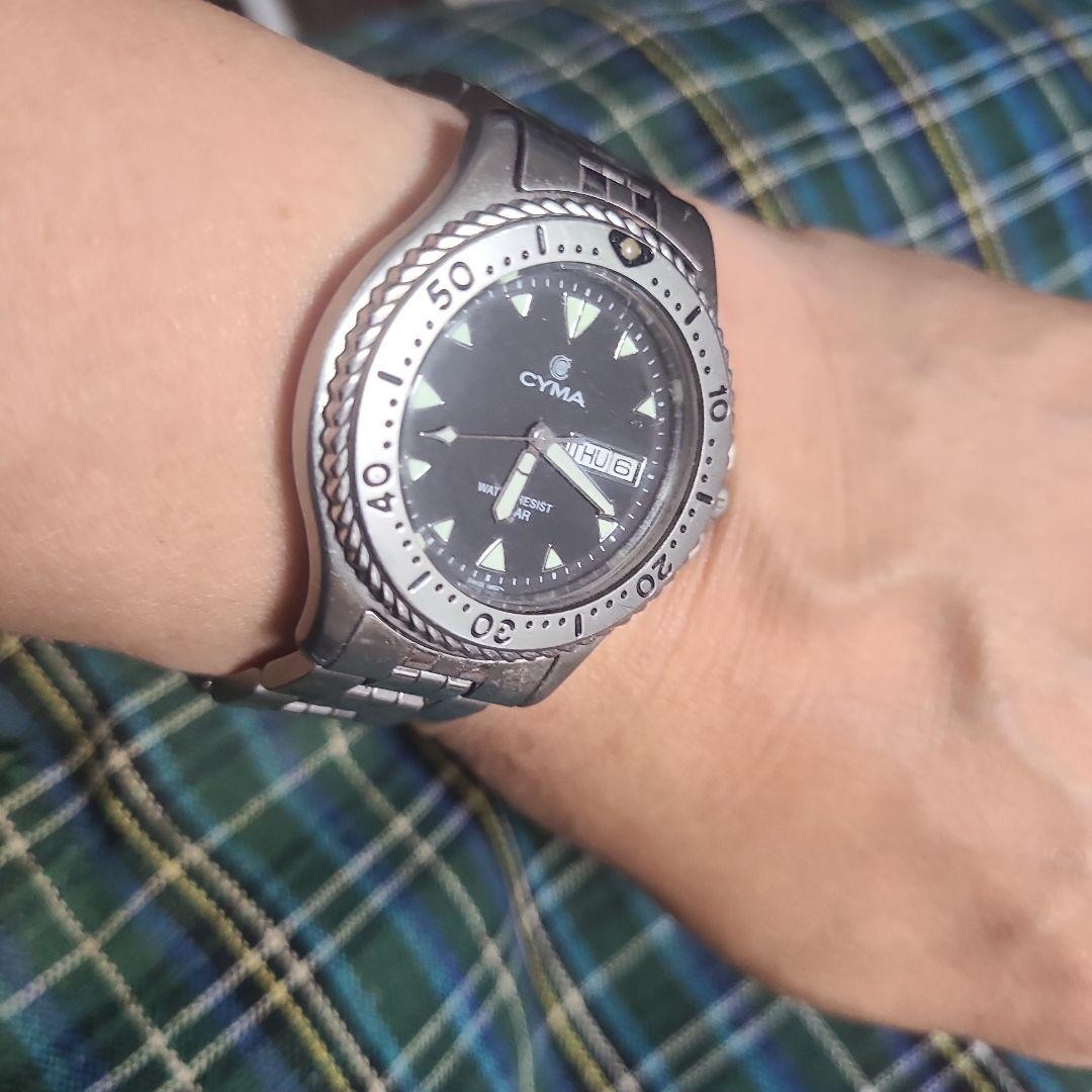 CYMA Swiss Diver Watch Quartz 200M Black Dial ETA Screw Crown 175mm Used