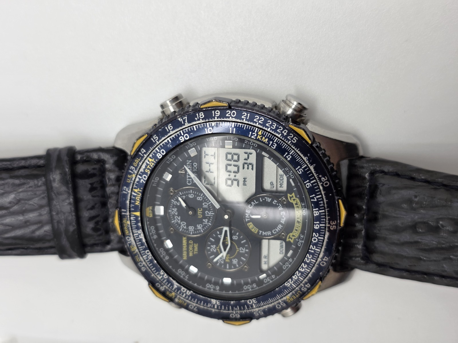 CITIZEN NAVIHAWK BLUE ANGEL C300 WORLTIMER GUN METAL QUARTZ MEN PILOT WATCH