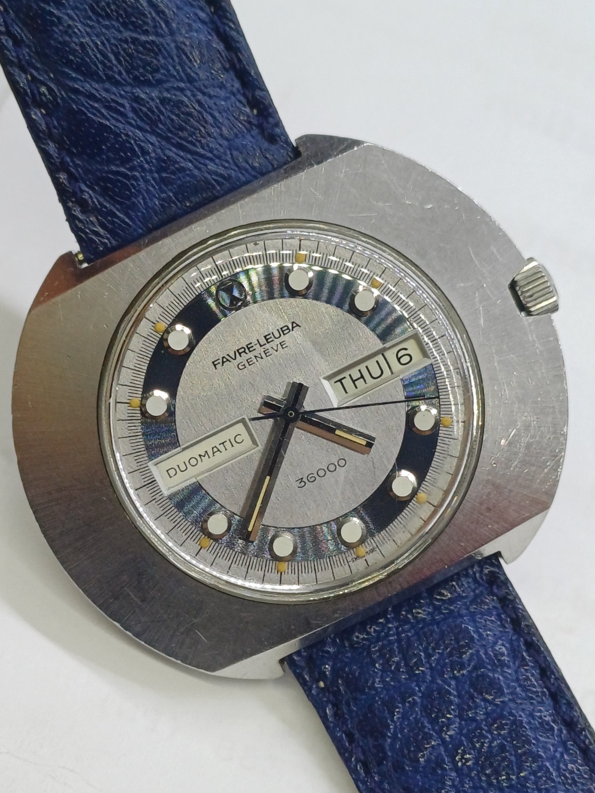 RARE FAVRE LEUBA 36000 HIGH BEAT UFO DUOMATIC MENS BLUE AUTOMATIC WATCH 45MM 21J
