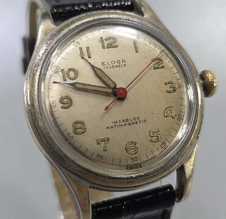 Vintage mid-century Champagne face Eloga 17 jewels Swiss Incabloc pilot’s watch