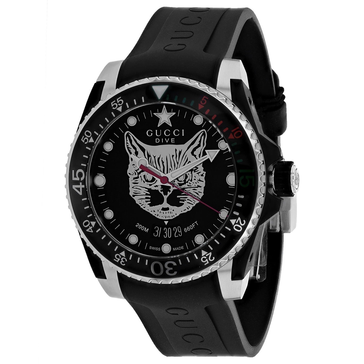 Gucci Dive Mystic Cat Black Rubber Strap Watch YA136320