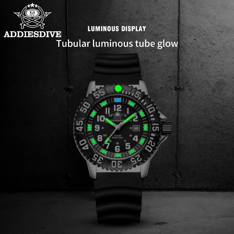 44MM ADDIESDIVE Military Quartz Dive Watch Men Silicone Waterproof Luminous NEW