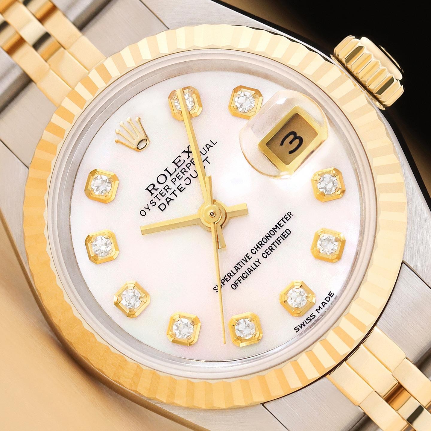 ROLEX LADIES DATEJUST 69173 MOTHER OF PEARL DIAMOND 18K GOLD STEEL WATCH
