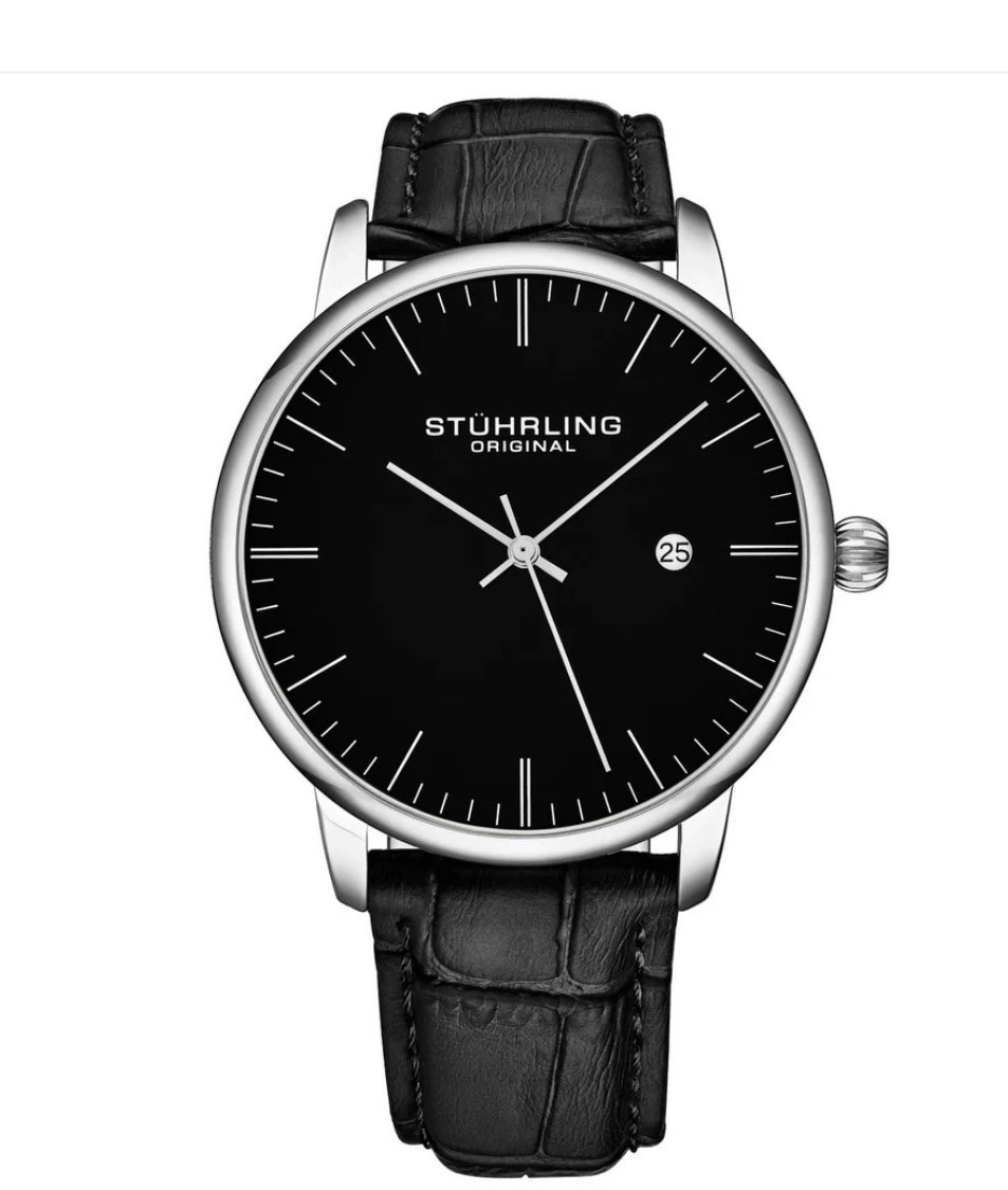 Stuhrling Original Men’s 40 mm Ultra-Slim Black Dial Dress Watch with Calfskin