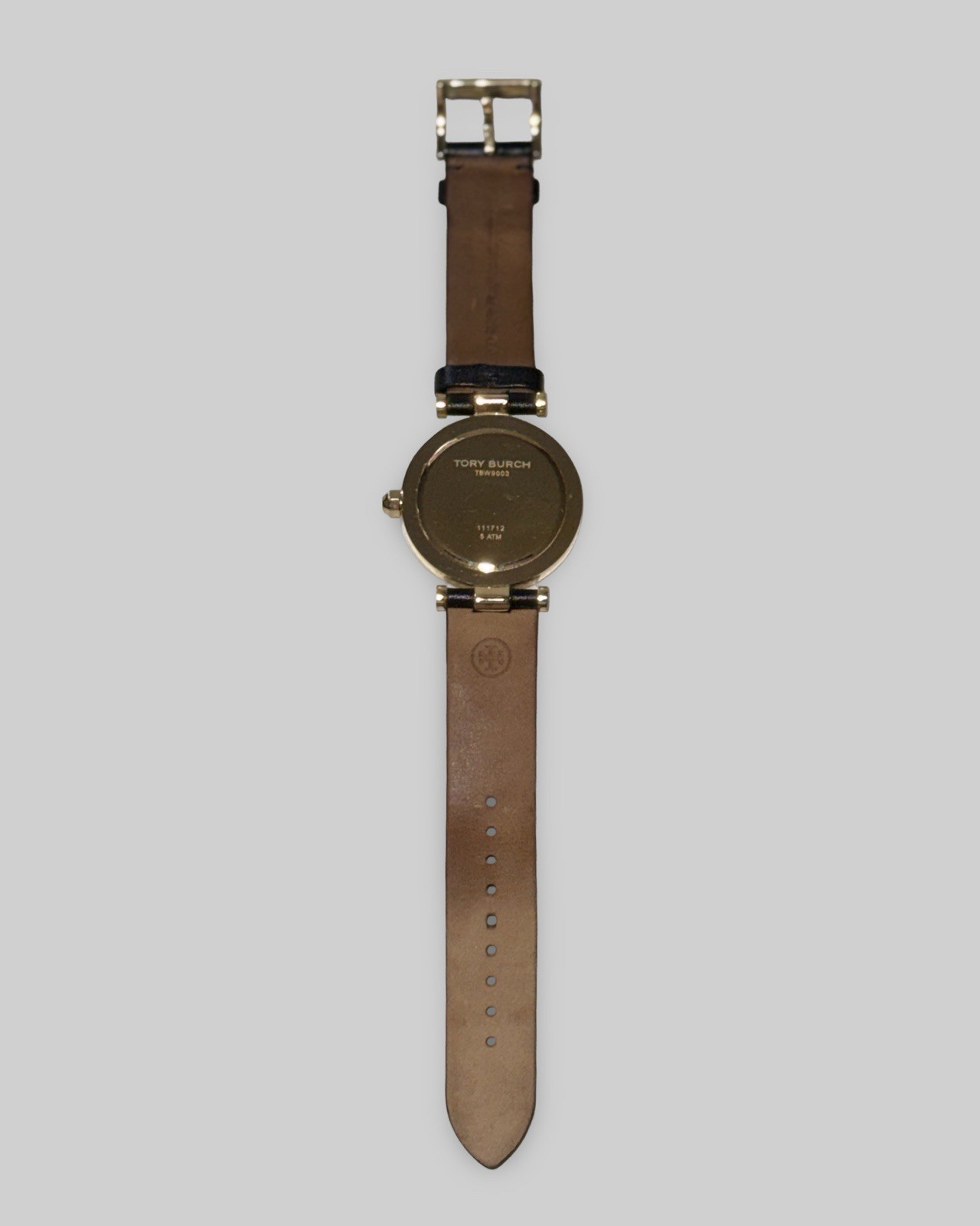 AUTHENTIC Tory Burch Classic-T Ivory Dial Black Leather Strap Watch TBW9003-USED