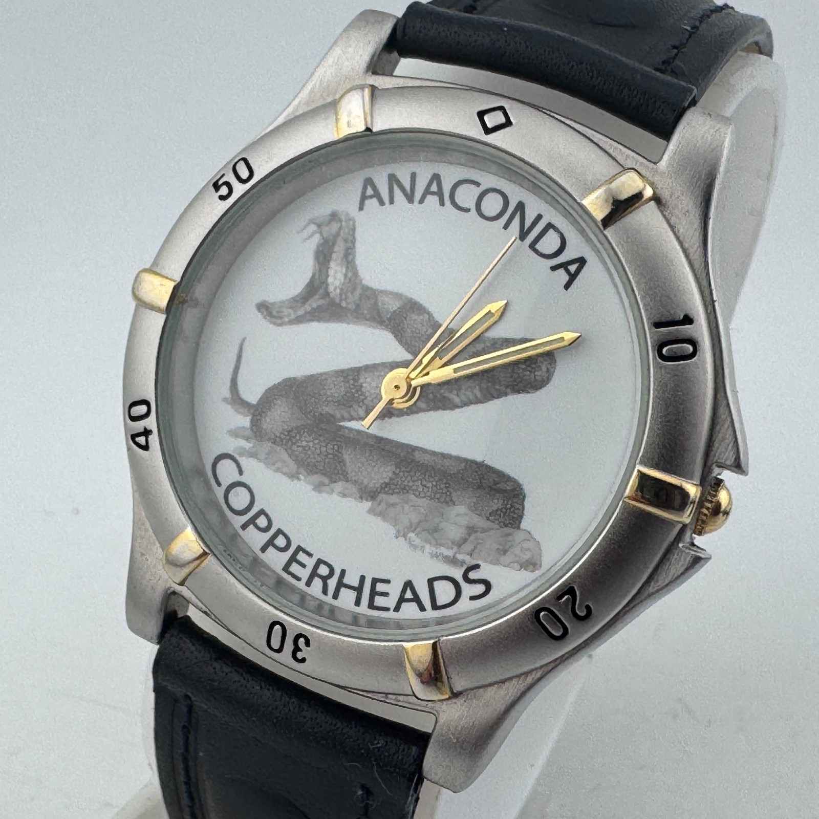 VTG Anaconda Copperheads Quartz Watch Men Silver Fixed Bezel Leather New Battery