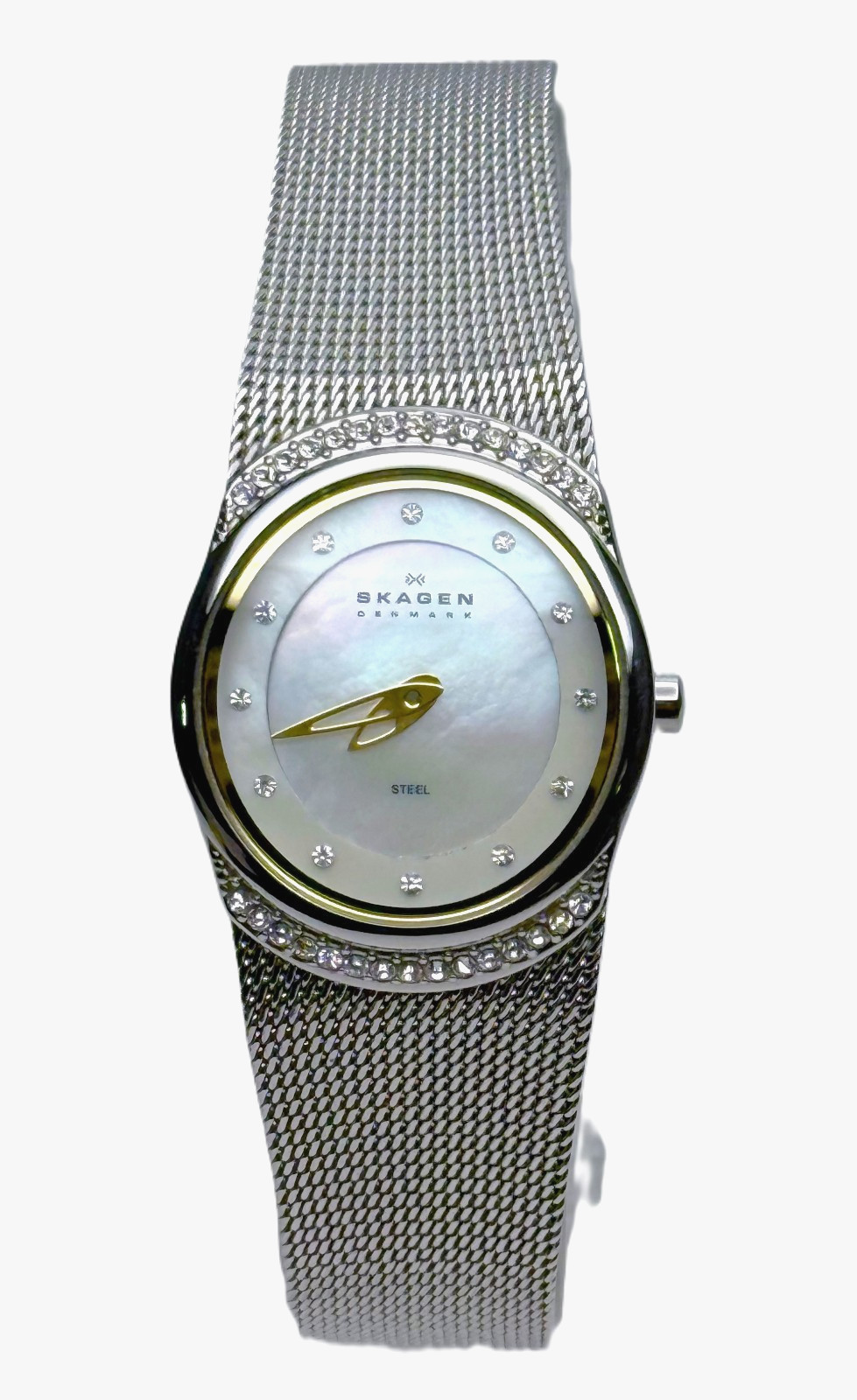 SKAGEN STEEL 686XSGSC MOP DIAL SILVER & GOLDTONE ACCENTS MESH BAND LADIES WATCH