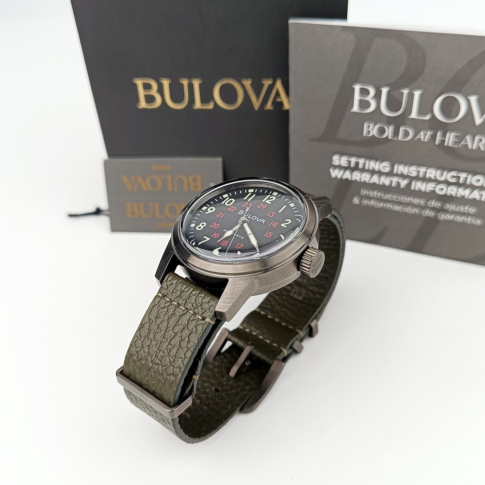 Bulova Military Hack 98A255 Black Dial Green Leather Strap Automatic Men’s Watch