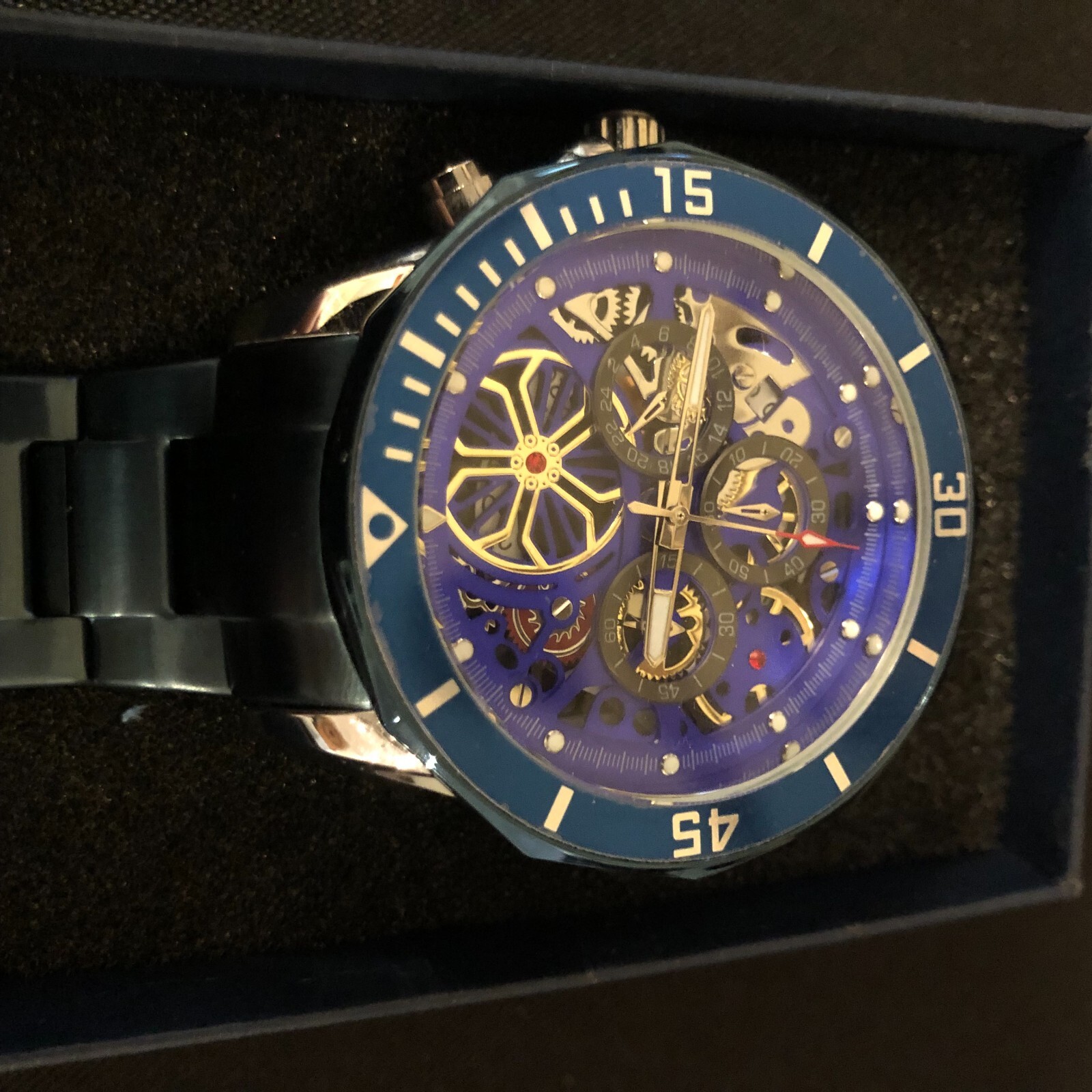 LIGE 1853 Dream Men’s Gold Tone Chronograph, SS Blue Bracelet New Battery in Box