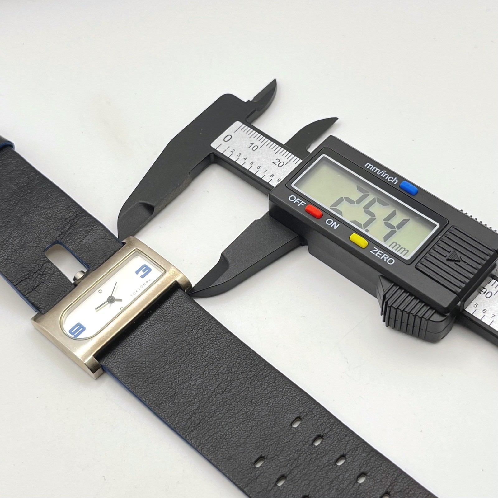 TOKYObay Rectangular Watch Black Leather Wide Strap Blue Accents Brushed Silver