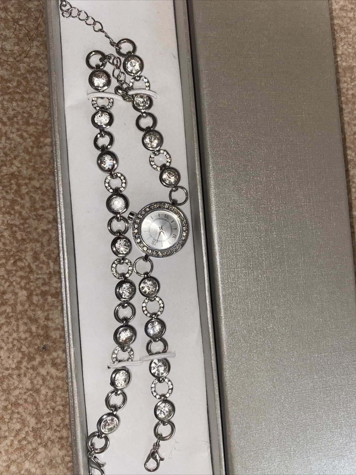 WATCH AND BRACELET SET DIAMONTE SILVER TONE DRESSY FORMAL PARTY BRAND NEW IN BOX