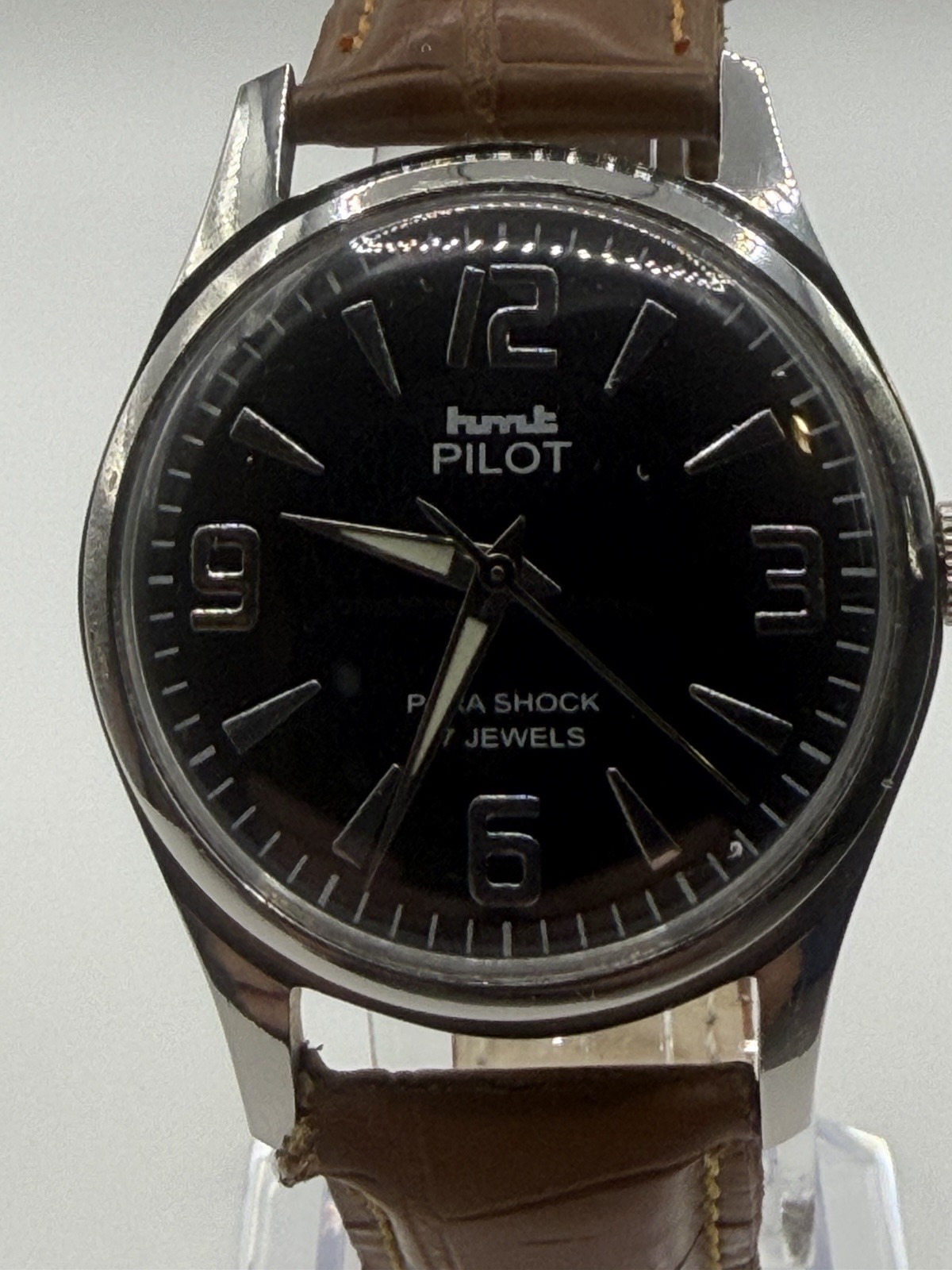 HMT Pilot Vintage Manual Wind 17 Jewels Black Dial Men’s Watch Brown Leather