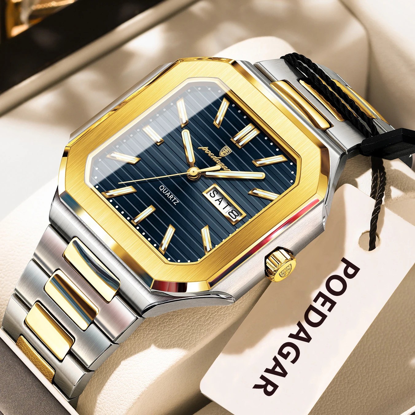 POEDAGAR Men’s Square Quartz Watch Stainless Steel Waterproof Luminous Day Date