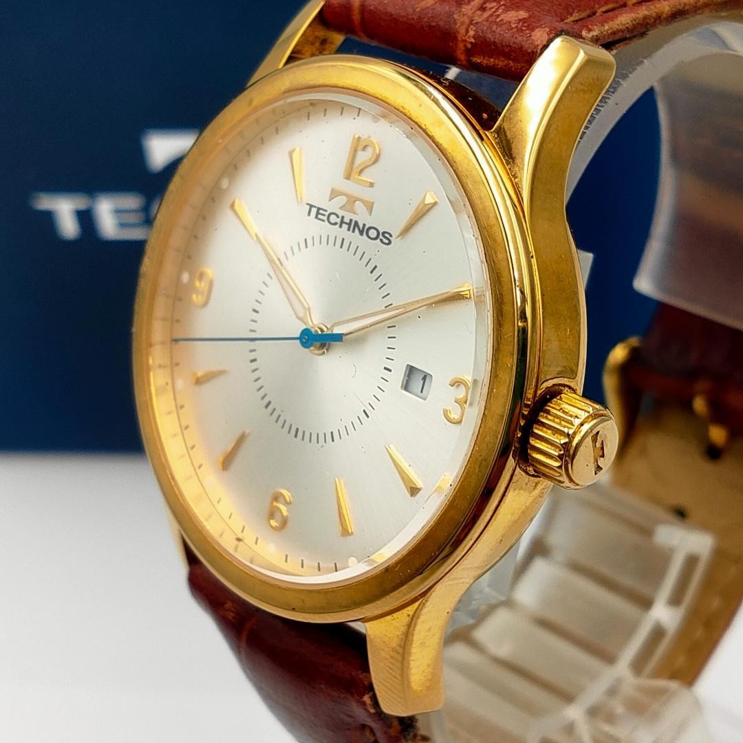 USED TECHNOS T4167 Gold-Tone Date Leather Band Quartz Watch