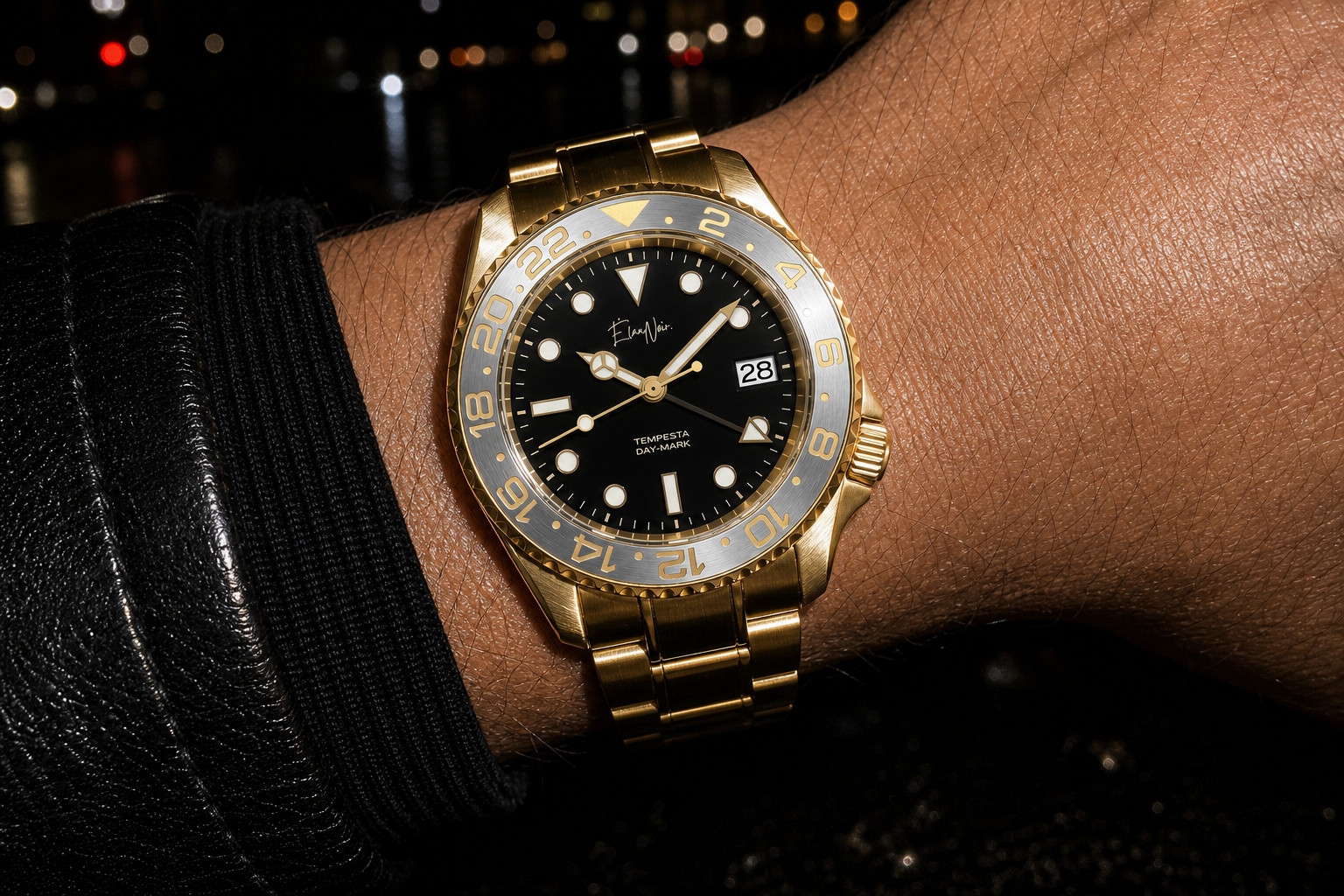 Élan Noir Tempesta Custom GMT Automatic Watch 41mm Gold Steel Black Dial