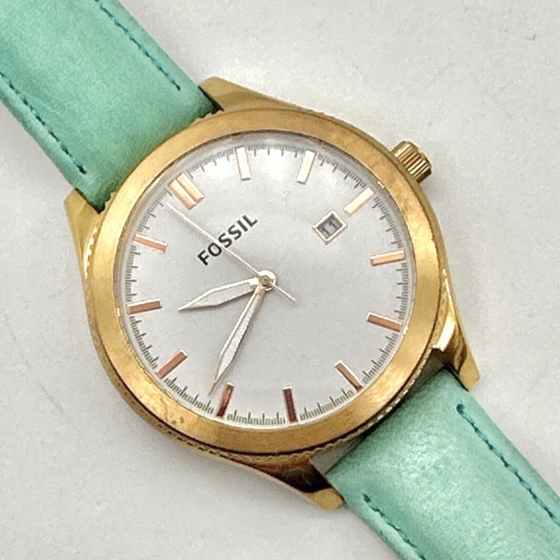 FOSSIL BQ3271 Classic Date Light Teal Color Leather Strap Watch – New Battery