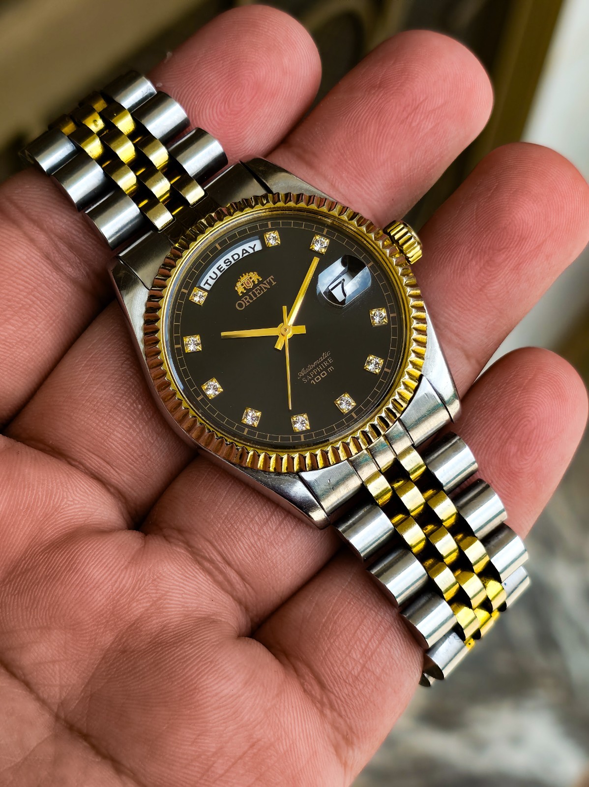 Rare Orient President Day Date Automatic, Black dial, diamond indices, two tone