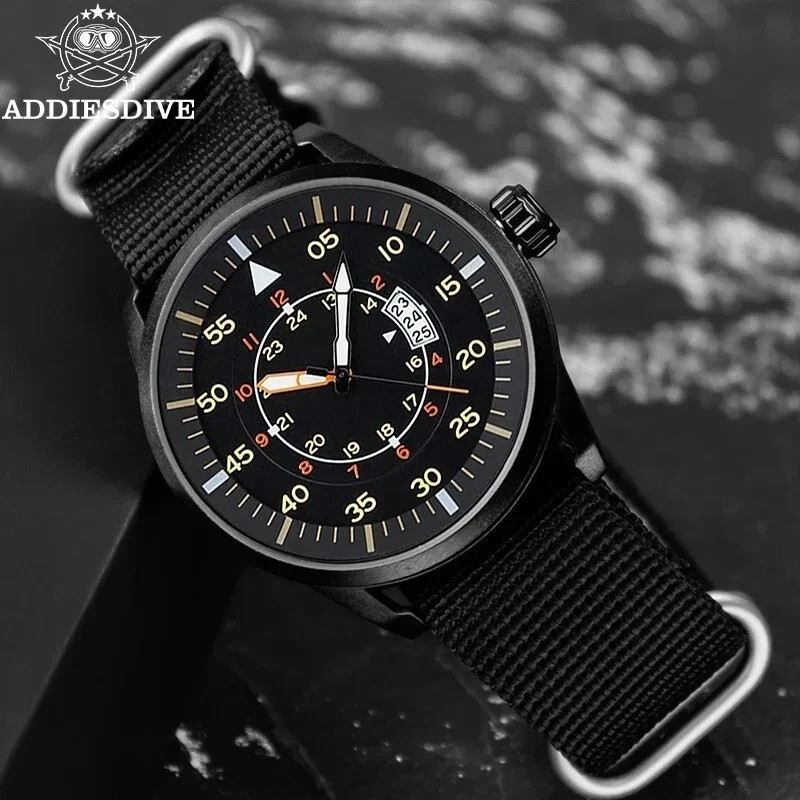44MM ADDIESDIVE Vintage Quartz Men Watch Luminous Nylon 50M Waterproof Diver NEW