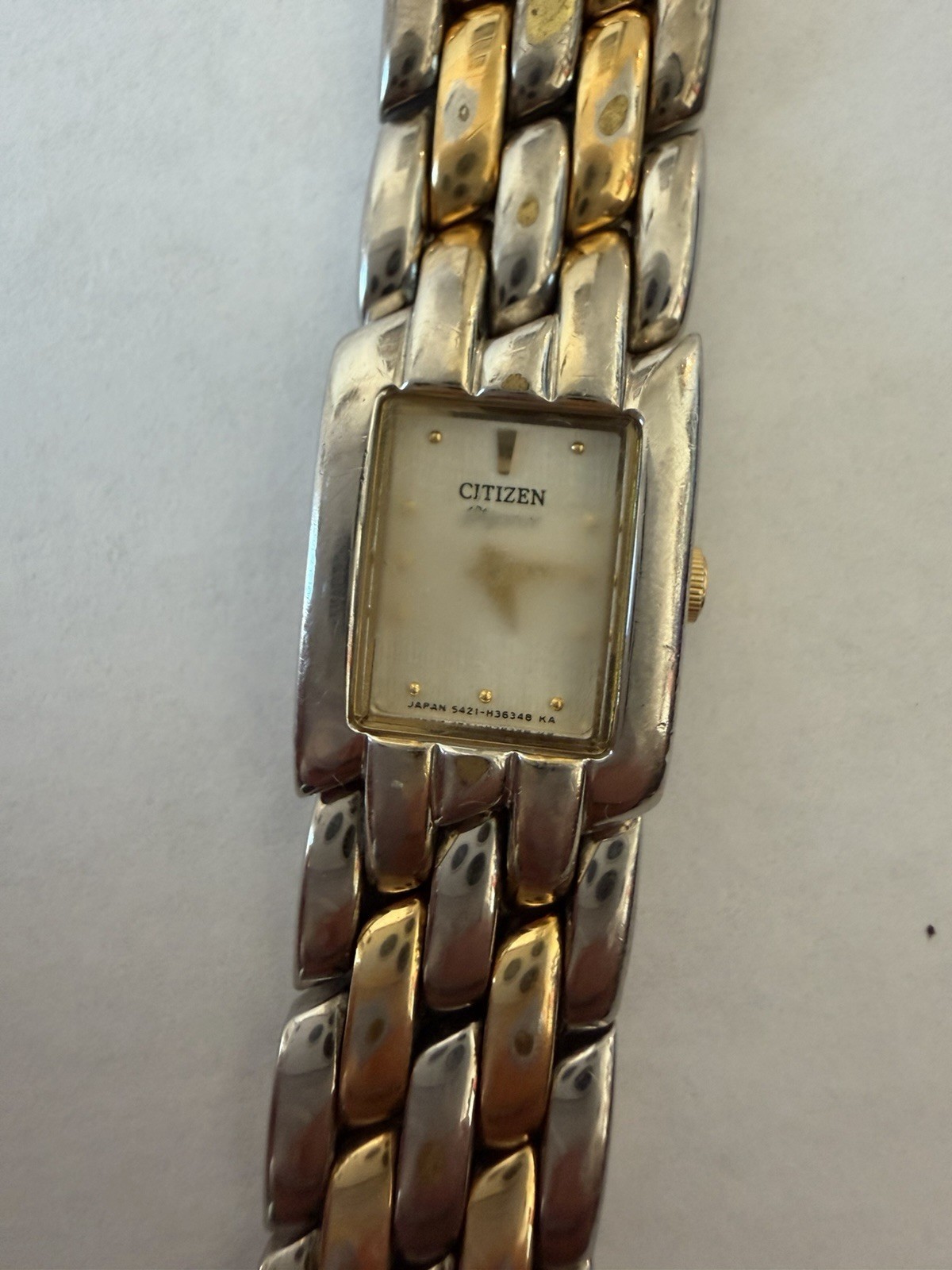 Citizen Analog Wristwatch Women Silver Gold Metal Band White Dial Baton Indexes