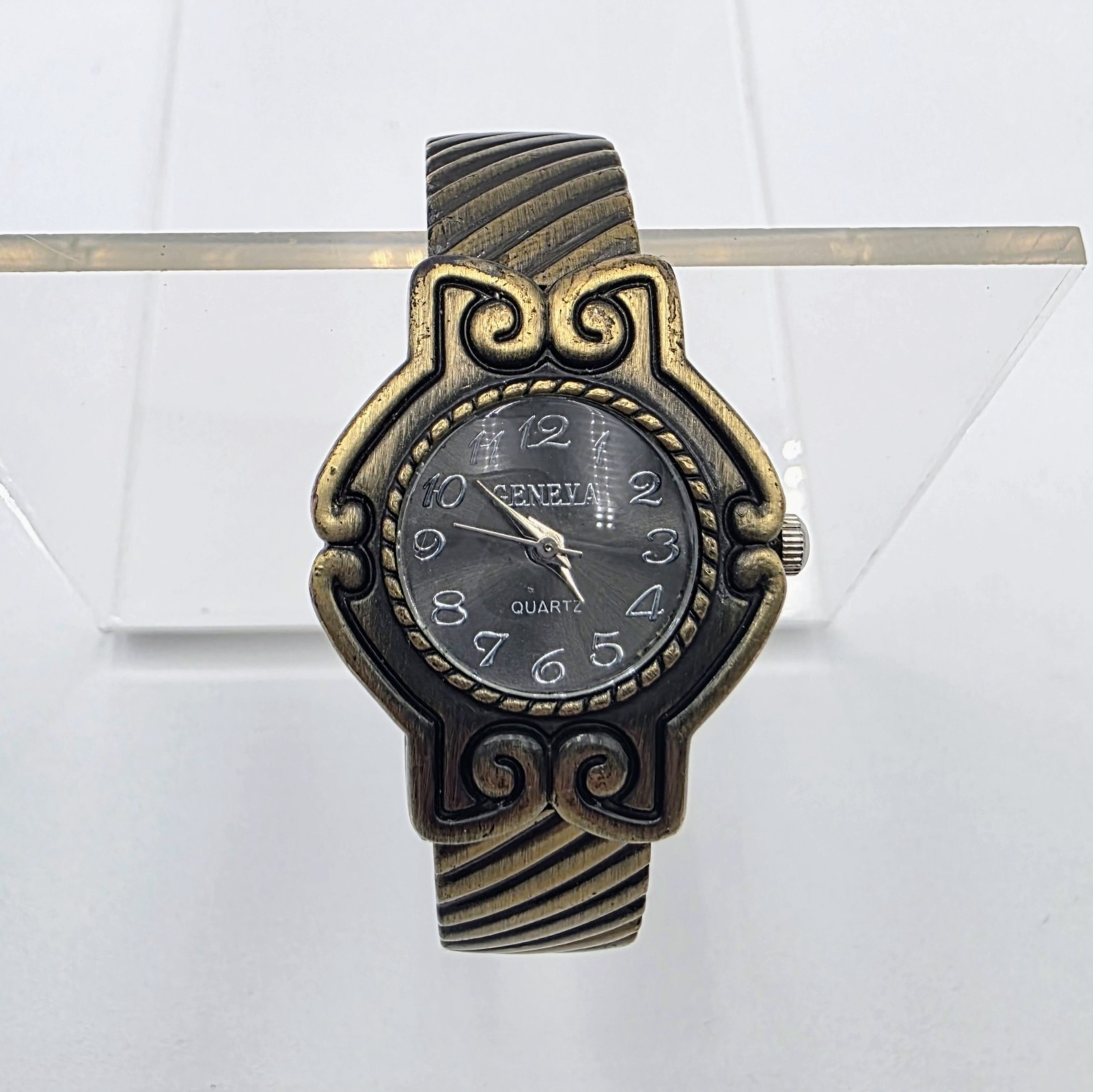 Geneva Watch Bronze Tone Carved Open Cuff Bracelet No. 3483 Stainless Steel