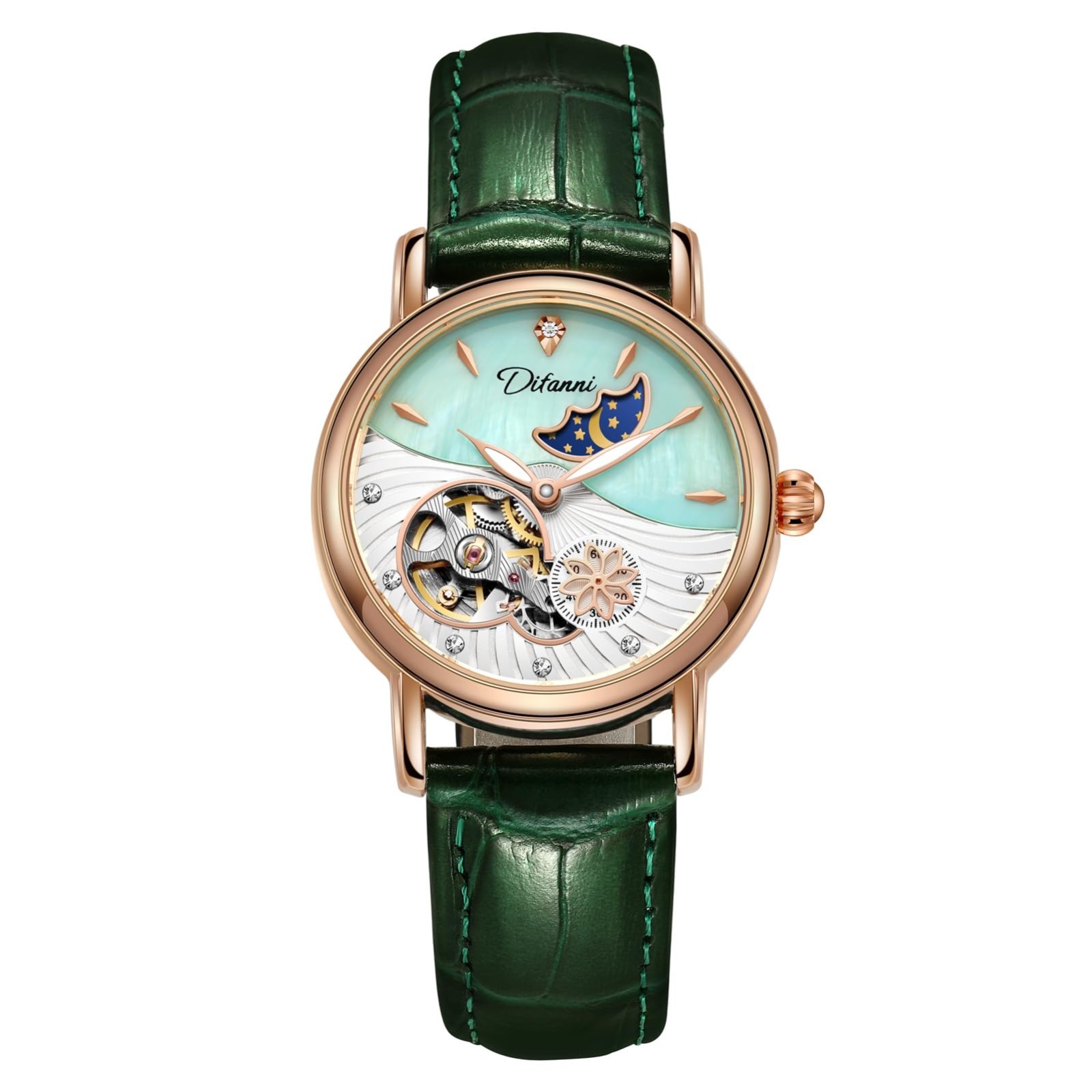 Women’s Automatic Moon Phase Watch – Rose Gold Skeleton Mother of Pearl 34mm