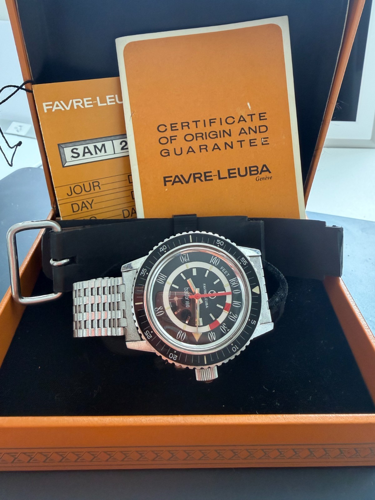 Vintage Favre Leuba Bathy 160 manual diver steel w/box, papers, aqualung strap
