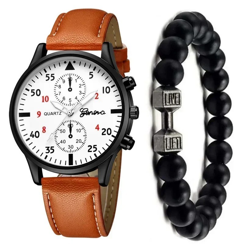 4/2/1pcs Men Sports Watches Set Man Business Quartz Wristwatch Luxury Brown Leat