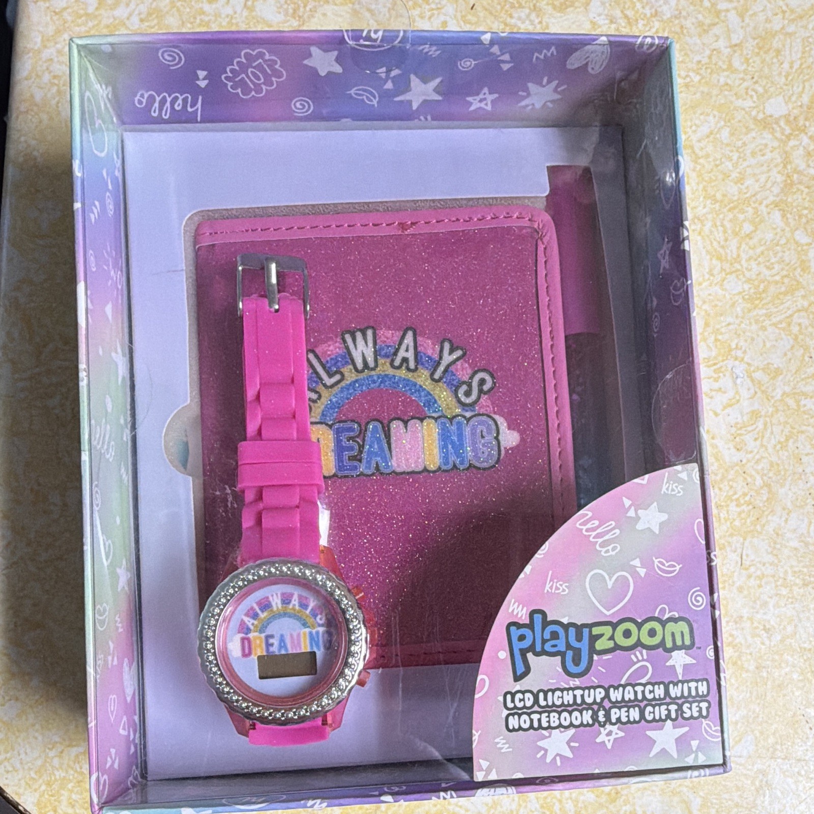 Playzoom LCD Light-Up Digital Watch Girls Pink Rainbow w/ Notebook & Pen Set