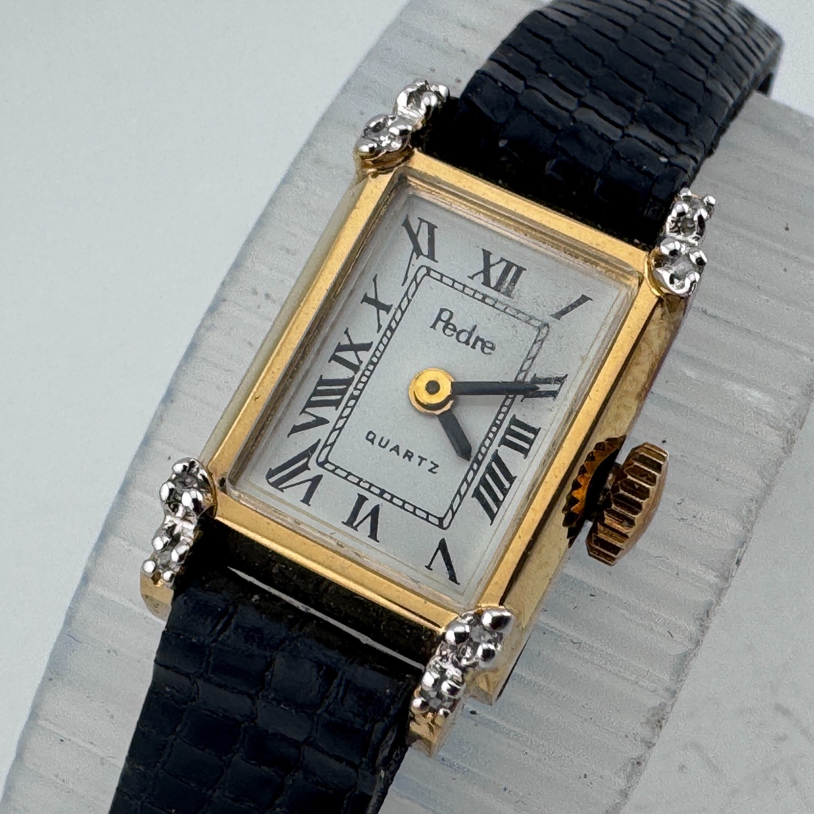 VTG Pedre Quartz Watch Women Small 15mm Gold Tone Diamonds Rectangle New Battery
